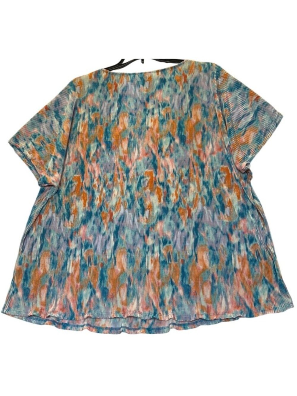 JM Collection 1X Multicolor Pleated Short Sleeve Top Etched Glass Pattern flowy - Picture 3 of 12